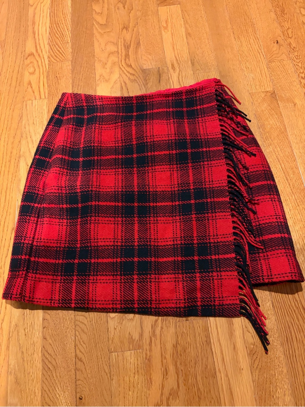 LOFT Red and Black Plaid Fringe Mini Skirt, wool blend, nwt, 4P